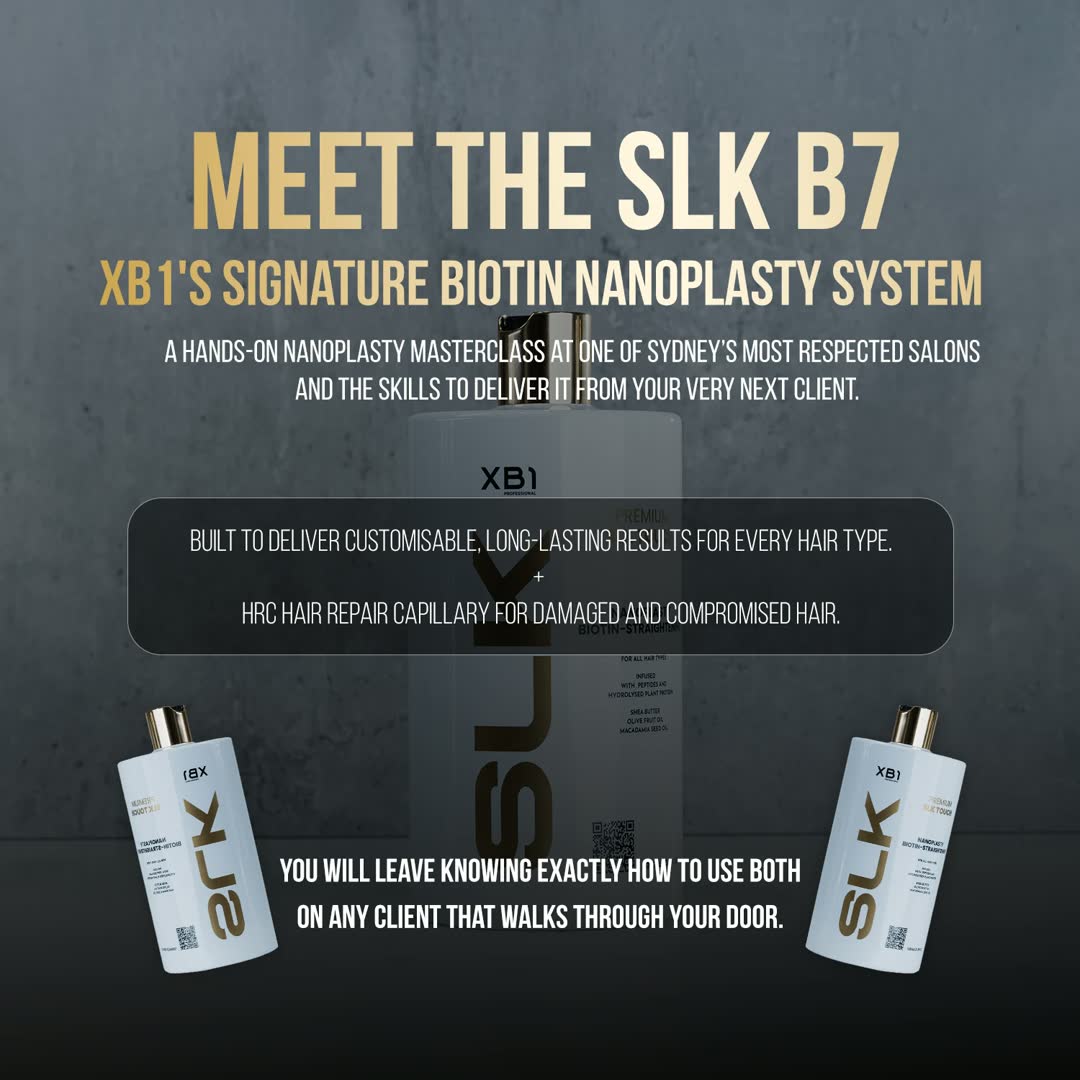 Meet the SLK B7 — XB1’s signature Biotin Nanoplasty system. Built to deliver customisable, long-lasting results for every hair type, plus HRC Hair Repair Capillary for damaged and compromised hair. You will leave knowing exactly how to use both on any client that walks through your door.