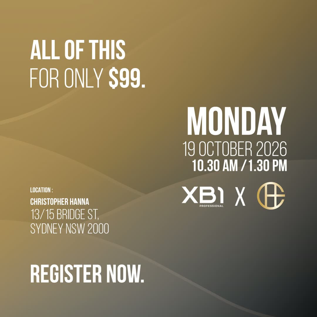 All of this for only $99. Monday 19 October 2026, 10.30 AM – 1.30 PM. Location: Christopher Hanna, 13/15 Bridge St, Sydney NSW 2000. XB1 Professional × Christopher Hanna. Register now.