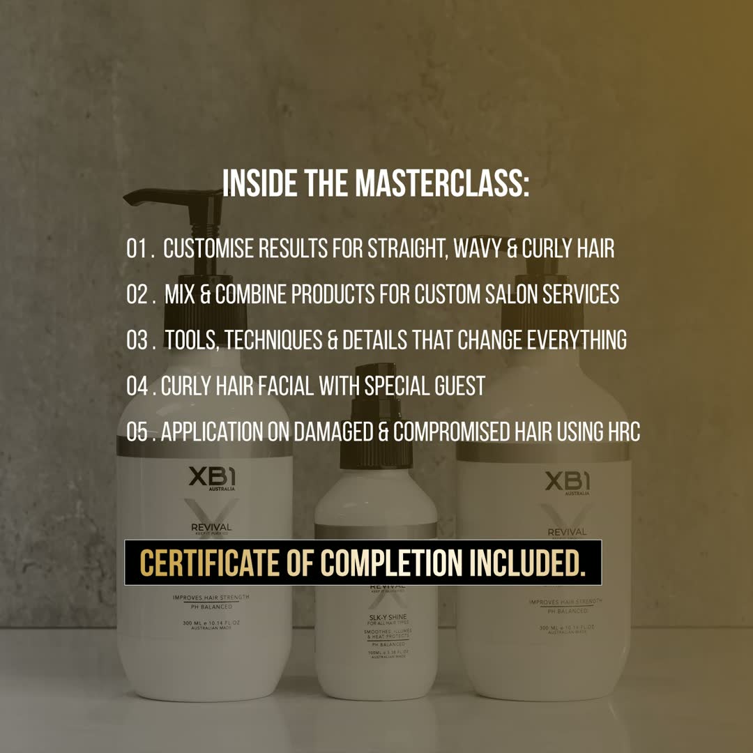 Inside the masterclass: 01 customise results for straight, wavy and curly hair; 02 mix and combine products for custom salon services; 03 tools, techniques and details that change everything; 04 curly hair facial with special guest; 05 application on damaged and compromised hair using HRC. Certificate of completion included.